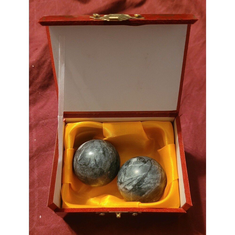 Vtg Chinese Marbled Grey Stone Baoding Balls Original Case Box